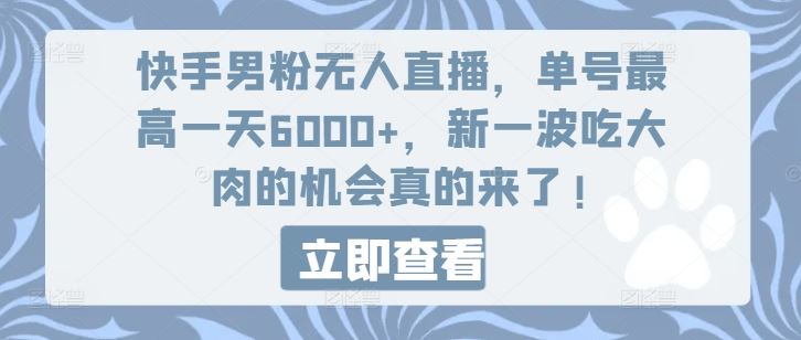 快手男粉无人直播,单号最高一天6000+,新一波吃大肉的机会真的来了-聊项目