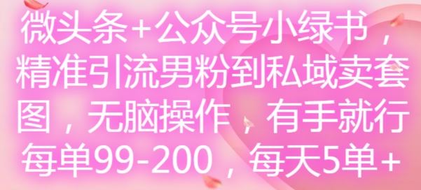 微头条+公众号小绿书,精准引流男粉到私域卖套图,无脑操作,有手就行,每单99-200,每天5单-聊项目