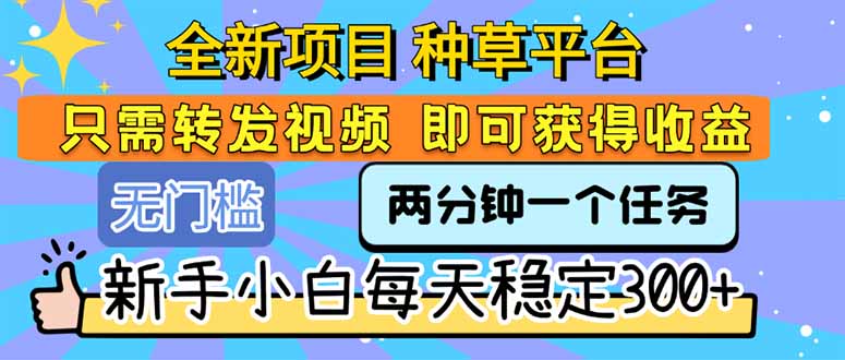 全新项目 种草平台 只需要转发任务视频 即可获得收益 新手小白每天300+-聊项目