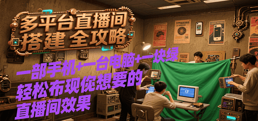 多平台直播间搭建全攻略，一部手机+一台电脑+一块绿布轻松实现你想要的直播间效果-聊项目