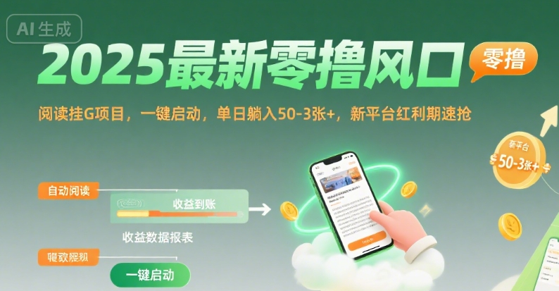 2025最新零撸风口，阅读挂G项目，一键启动，单日躺入 50-3张+，新平台红利期速抢【揭秘】-聊项目