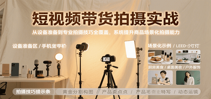 短视频带货拍摄实战，从设备准备到专业拍摄技巧全覆盖，系统提升商品场景化拍摄能力-聊项目