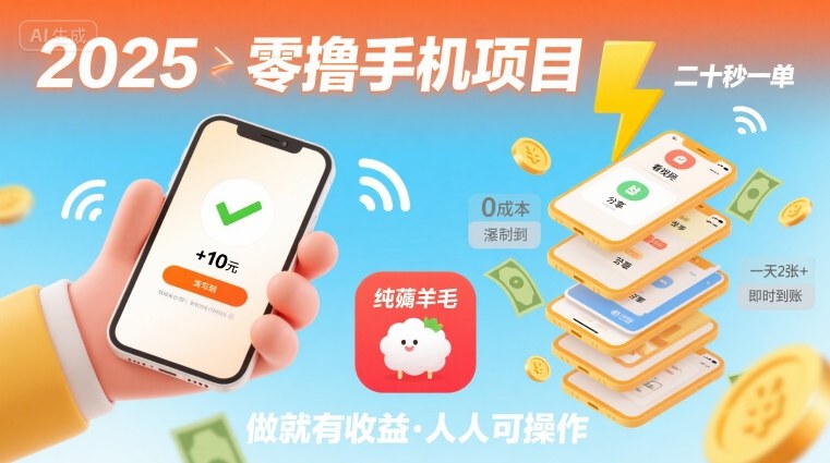 2025年零撸手机项目，二十秒一单，纯薅羊毛 一天2张+做就有-聊项目