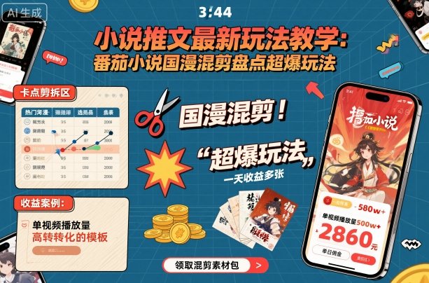 小说推文最新玩法教学，番茄小说国漫混剪盘点超爆玩法，全程干货，一天收益多张-聊项目