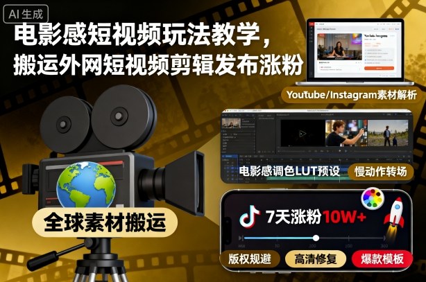 电影感短视频玩法教学，搬运外网短视频剪辑发布涨粉-聊项目