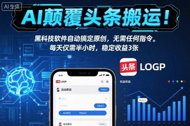 AI颠覆头条搬运！黑科技软件自动搞定原创，无需任何指令。每天仅需半小时，稳定收益3张【揭秘】-聊项目