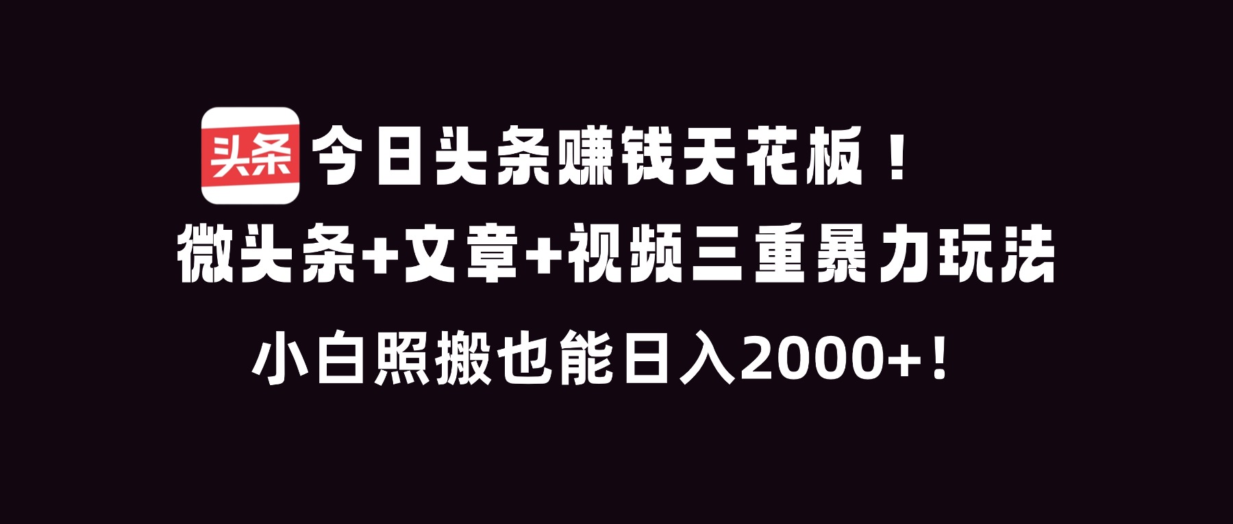 今日头条赚钱天花板！微头条+文章+视频三重暴利玩法，小白照搬也能日人2000+-聊项目