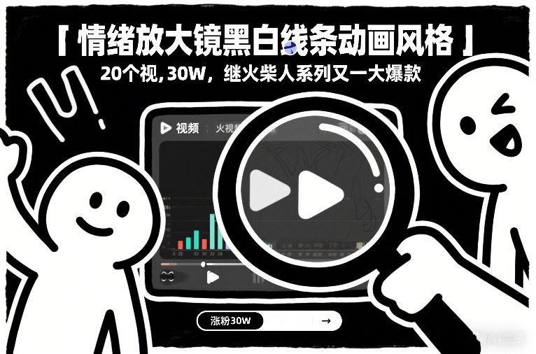 情绪放大镜黑白线条动画风格，20个视频，涨粉30W，继火柴人系列又一大爆款-聊项目
