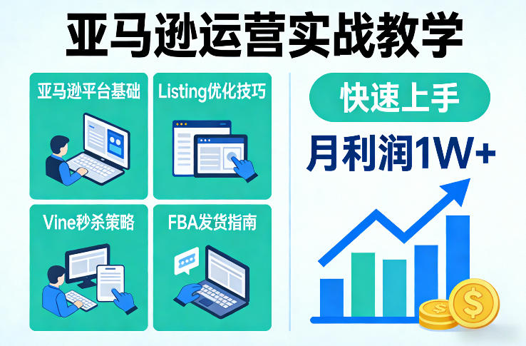 亚马逊运营实战教学，亚马逊平台+Listing优化+Vine秒杀+FBA发货等，快速上手，实现店铺月利润1W-聊项目