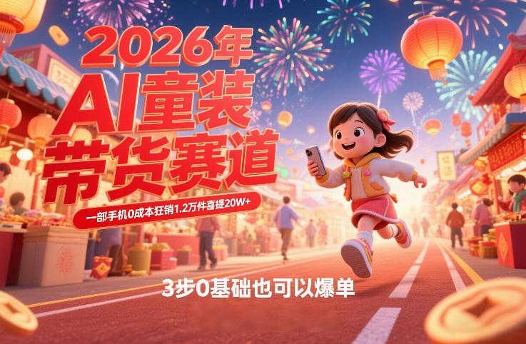 AI童装新春带货赛道，一部手机0成本狂销1.2万件喜提20W+，3步0基础也可以爆单-聊项目