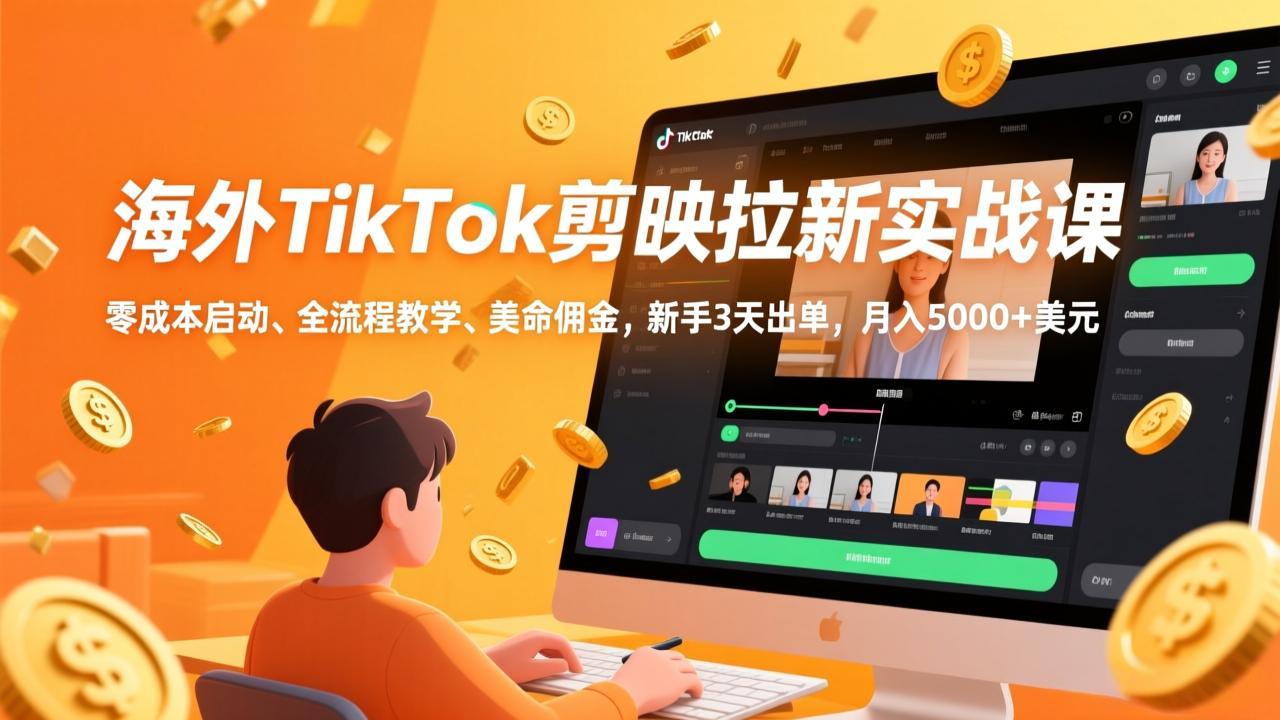 海外TikTok剪映拉新实战课，零成本启动、全流程教学、美金佣金，新手3天出单，月入5000+美元-聊项目