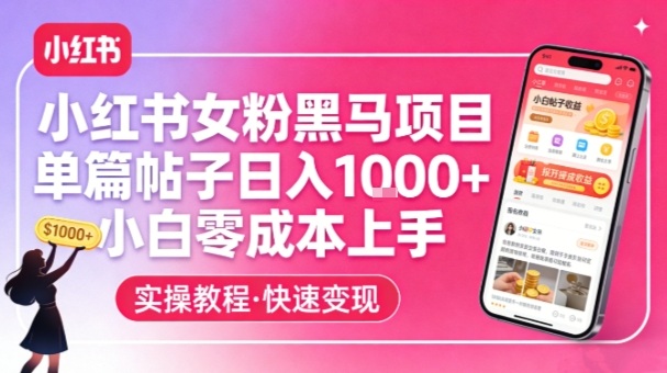 小红书女粉黑马项目，单篇帖子日入1k+，小白零成本上手-聊项目