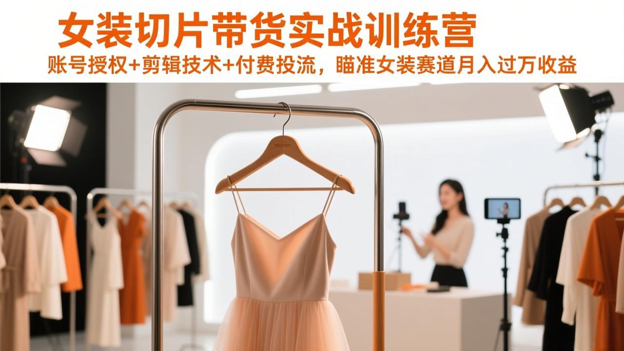 女装切片带货实战训练营，账号授权+剪辑技术+付费投流，瞄准女装赛道月入过万收益-聊项目