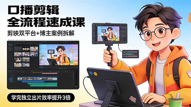 口播剪辑全流程速成课，剪映双平台+博主案例拆解，学完独立出片效率提升3倍-聊项目