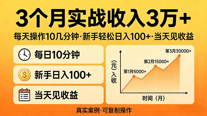 3个月实战收入3万+，每天操作10几分钟，新手轻松日入100+，当天见收益-聊项目