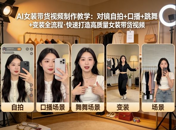 AI女装带货视频制作教学，对镜自拍、口播、跳舞、变装全流程，快速打造高质量女装带货视频-聊项目
