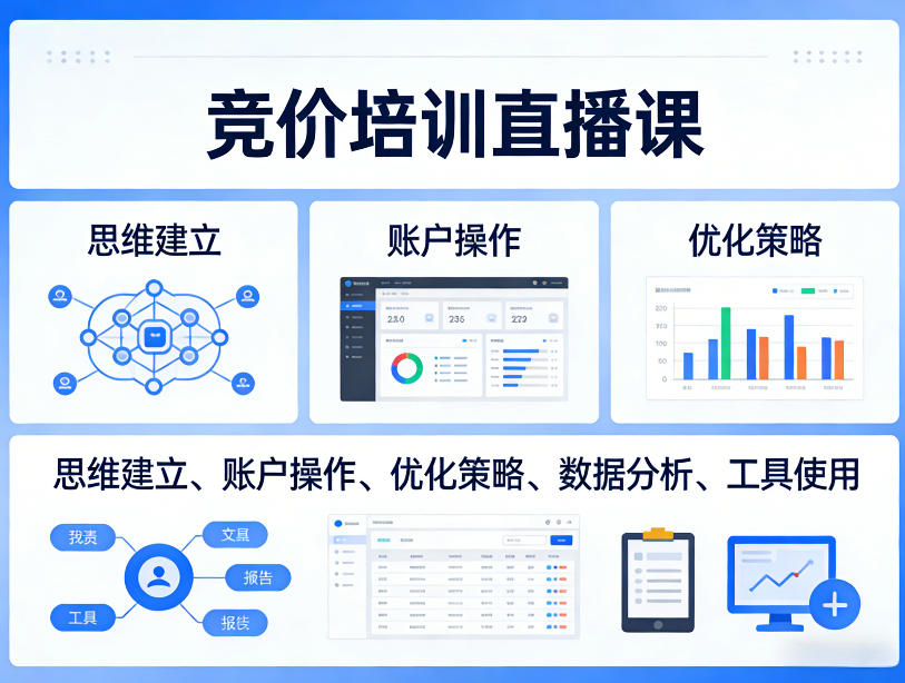 竞价培训直播课，覆盖思维建立、账户操作、优化策略、数据分析、工具使用等，全方位提升效果-聊项目