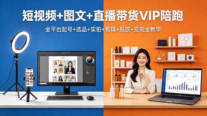 短视频+图文+直播带货VIP陪跑，全平台起号+选品+实拍+剪辑+投放+变现全教学-聊项目