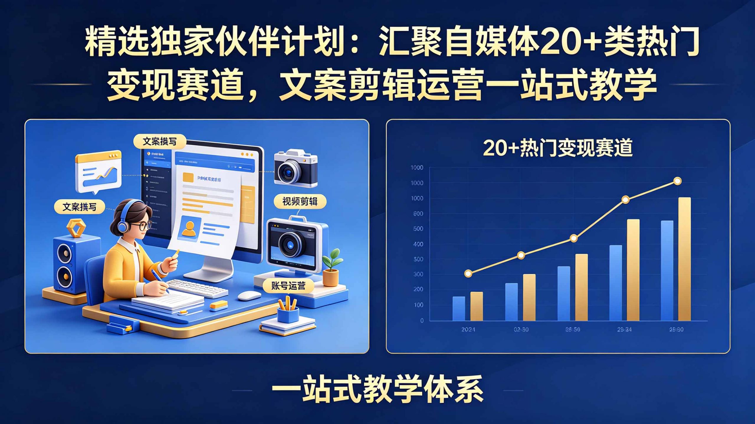 精选独家伙伴计划:汇聚自媒体20+类热门变现赛道,文案剪辑运营一站式教学-聊项目