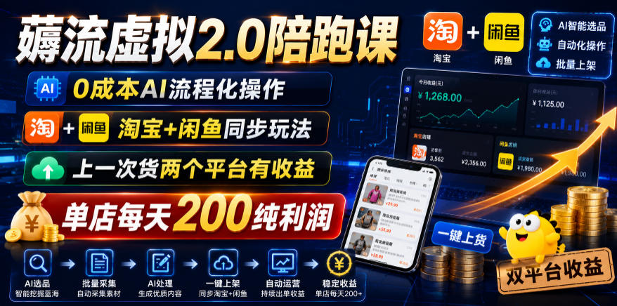 薅流虚拟2.0陪跑课，0成本AI流程化操作，淘宝+闲鱼同步玩法，上一次货两个平台有收益，单店每天200纯利润-聊项目