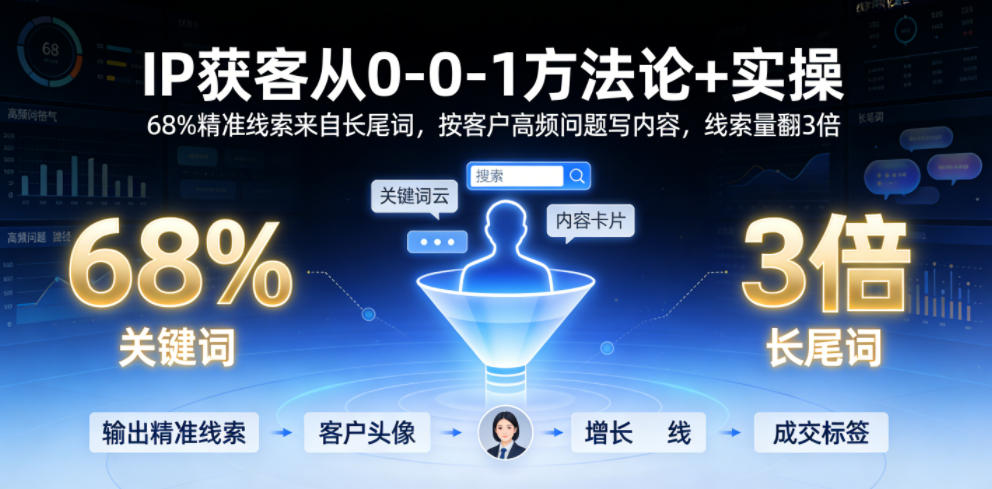 IP获客从0-1方法论+实操，68%精准线索来自长尾词，按客户高频问题写内容，线索量翻3倍-聊项目
