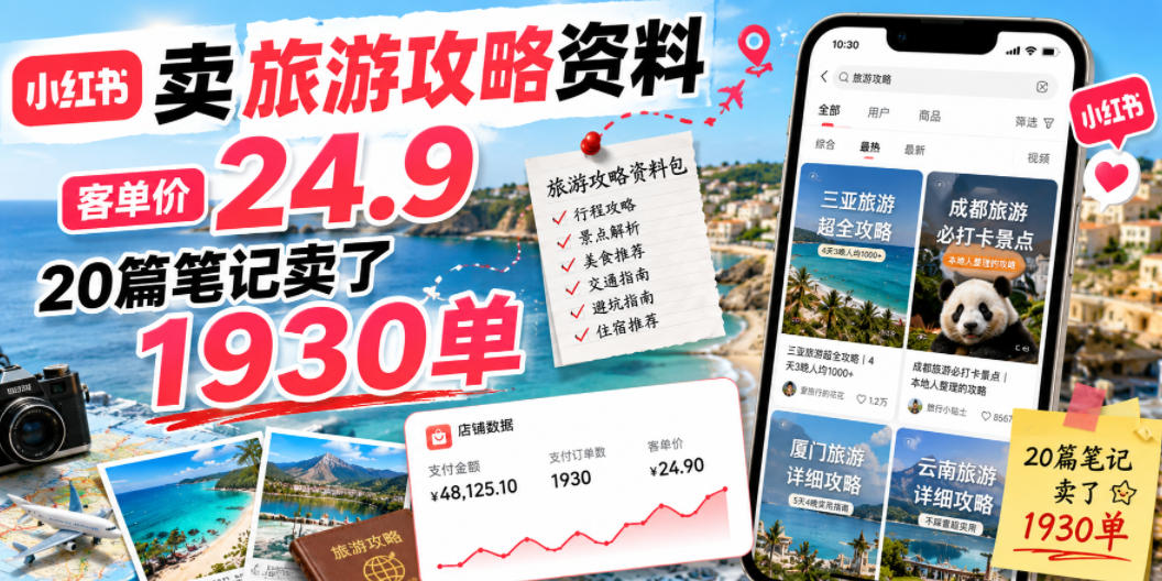 小红书卖旅游攻略资料，客单价24.9，20篇笔记卖了1930单！-聊项目