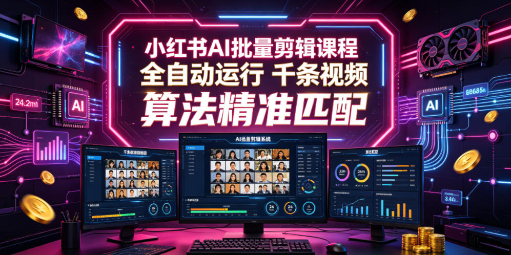 小红书AI批量剪辑课程，24小时全自动运行，解放双手专注运营，千条视频批量处理，小红书算法精准匹配-聊项目