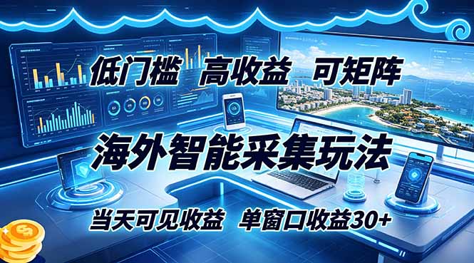 海外智能采集玩法，低门槛高单价可矩阵，当天可见收益，单窗口30+-聊项目