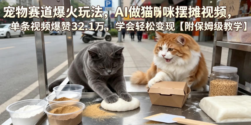 宠物赛道爆火玩法，AI做猫咪摆摊视频，单条视频爆赞32.1万，学会轻松变现【附保姆级教学】-聊项目