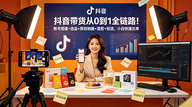 抖音带货从0到1全链路！账号搭建+选品+原创拍摄+混剪+投流，小白快速出单-聊项目