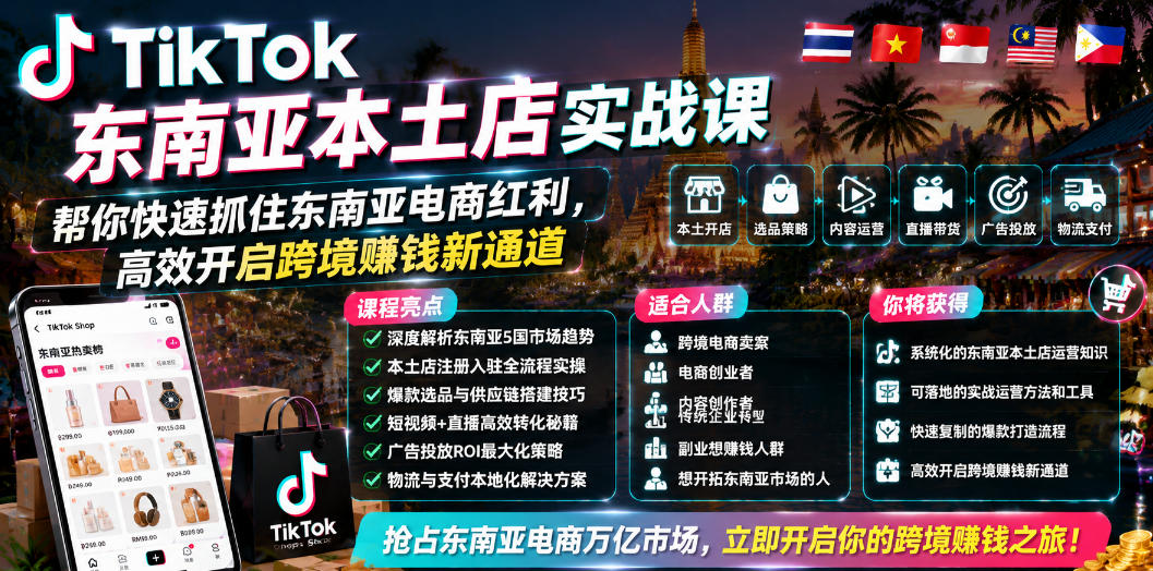 TikTok东南亚本土店实战课，帮你快速抓住东南亚电商红利，高效开启跨境賺钱新通道-聊项目