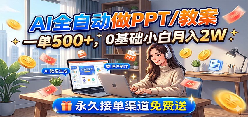 AI全自动做PPT/教案，一单500+，0基础小白月入2W，永久接单渠道免费送-聊项目