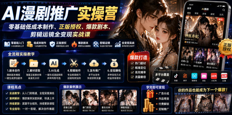 AI漫剧推广实操营|零基础低成本制作、正版授权、爆款剧本、剪辑运镜全变现实战课