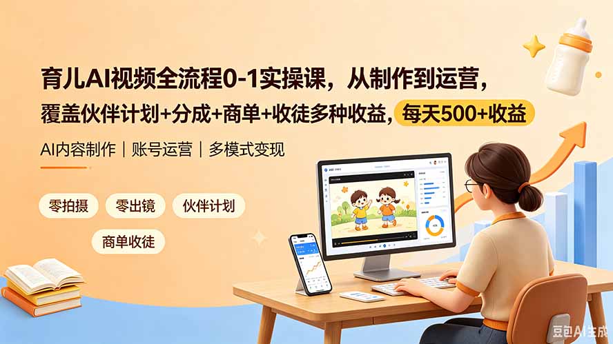 育儿AI视频全流程0-1实操课，从制作到运营，覆盖伙伴计划+分成+商单+收徒多种收益，每天500+收益-聊项目