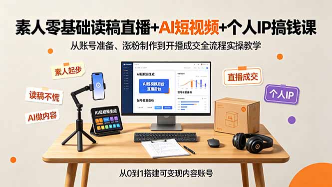 素人零基础读稿直播+AI短视频+个人IP搞钱课，从账号准备、涨粉制作到开播成交全流程实操教学-聊项目