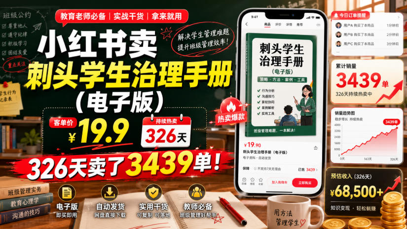 小红书卖刺头学生治理手册(电子版)，客单价19.9，326天卖了3439单！-聊项目