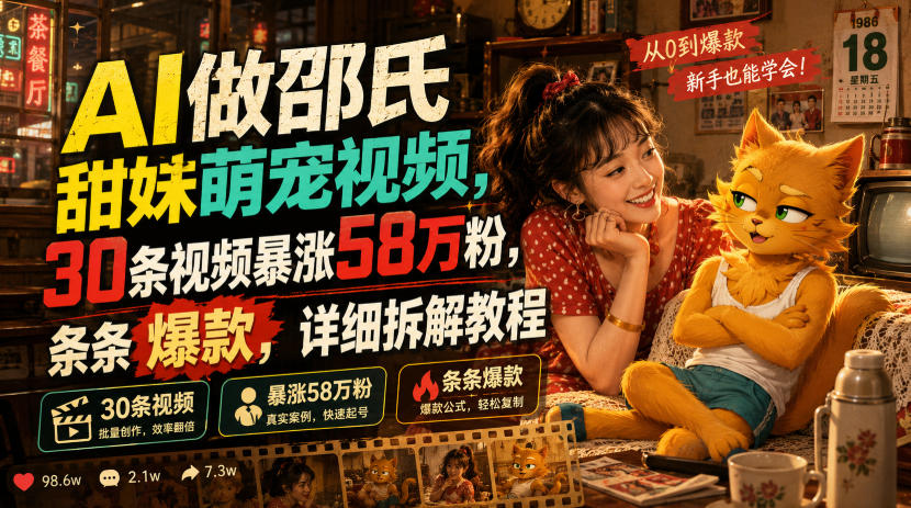 AI做邵氏甜妹萌宠视频，30条视频暴涨58万粉，条条爆款，详细拆解教程-聊项目