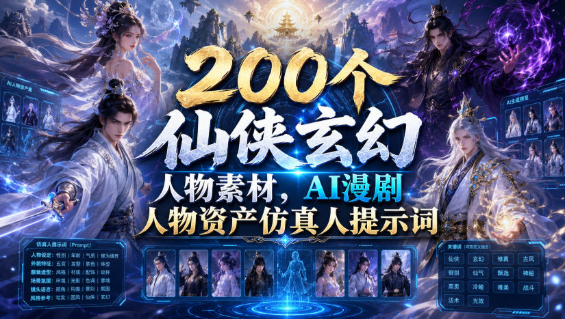 200个仙侠玄幻人物素材，AI漫剧人物资产仿真人提示词-聊项目