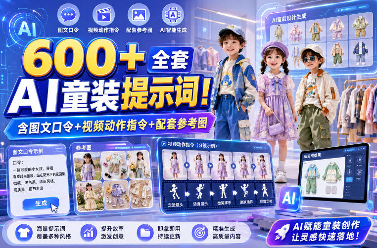 600+全套AI童装提示词！含图文口令+视频动作指令+配套参考图，Word-Excel规整分类，童装电商、种草无脑量产内容！-聊项目