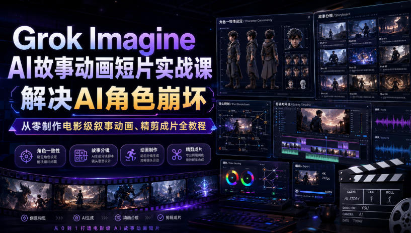 Grok Imagine AI故事动画短片实战课｜解决AI角色崩坏，从零制作电影级叙事动画、精剪成片全教程(中英字幕)-聊项目