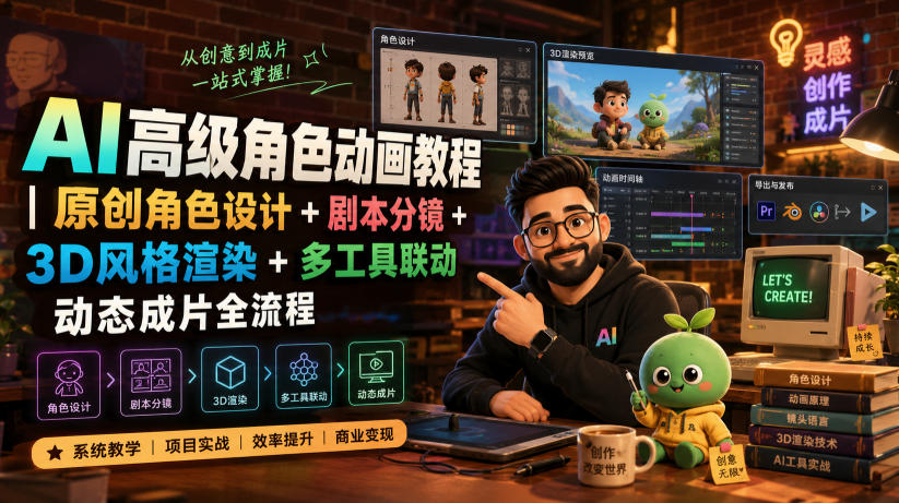 AI高级角色动画教程｜原创角色设计+剧本分镜+3D风格渲染+多工具联动动态成片全流程【中英字幕】-聊项目