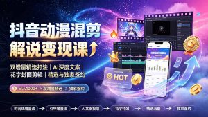 抖音动漫混剪解说变现课：双增量精选打法｜AI深度文案｜花字封面剪辑｜ 精选与独家签约日入1000+-聊项目