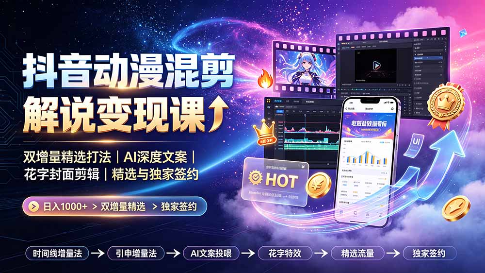 抖音动漫混剪解说变现课：双增量精选打法｜AI深度文案｜花字封面剪辑｜ 精选与独家签约日入1000+-聊项目
