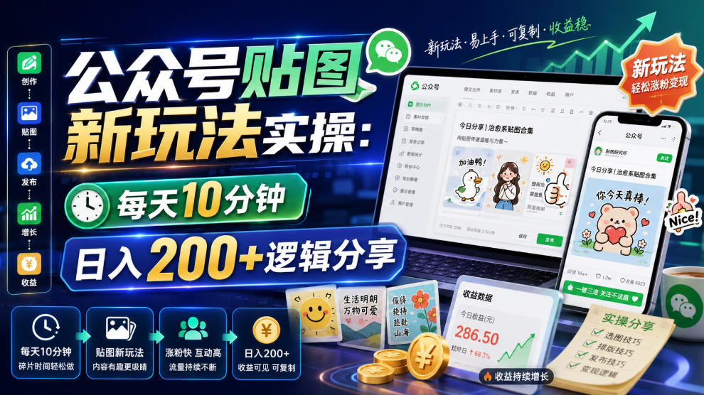公众号贴图新玩法实操，每天10分钟，日入200+逻辑分享-聊项目