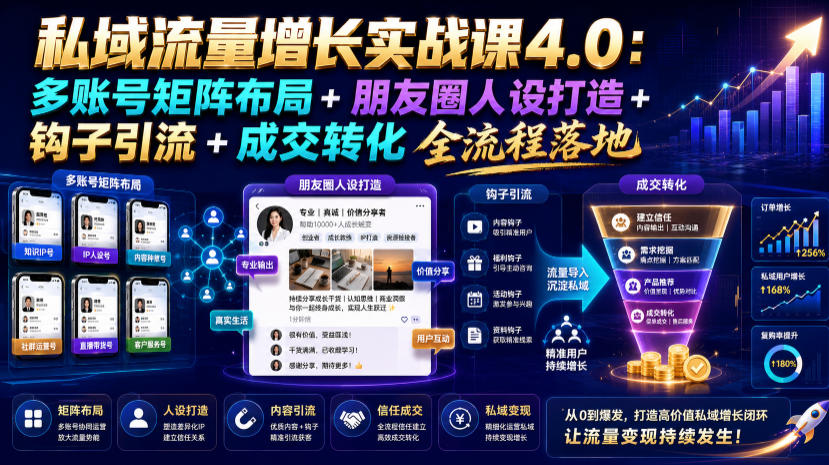 私域流量增长实战课4.0：多账号矩阵布局+朋友圈人设打造+钩子引流+成交转化全流程落地-聊项目