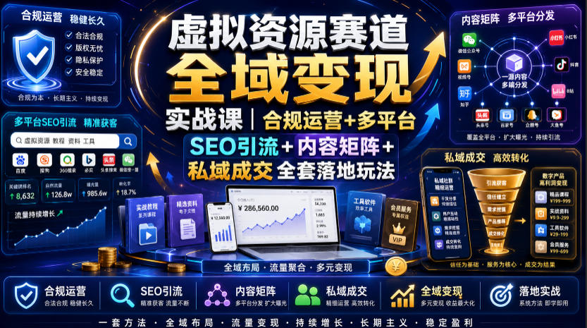 虚拟资源赛道全域变现实战课｜合规运营+多平台SEO引流+内容矩阵+私域成交全套落地玩法-聊项目