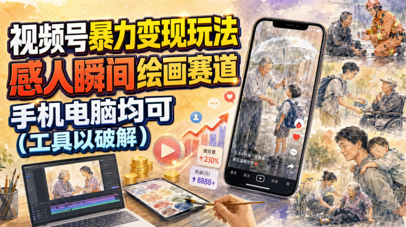 视频号暴力变现玩法，感人瞬间绘画赛道，手机电脑均可-聊项目
