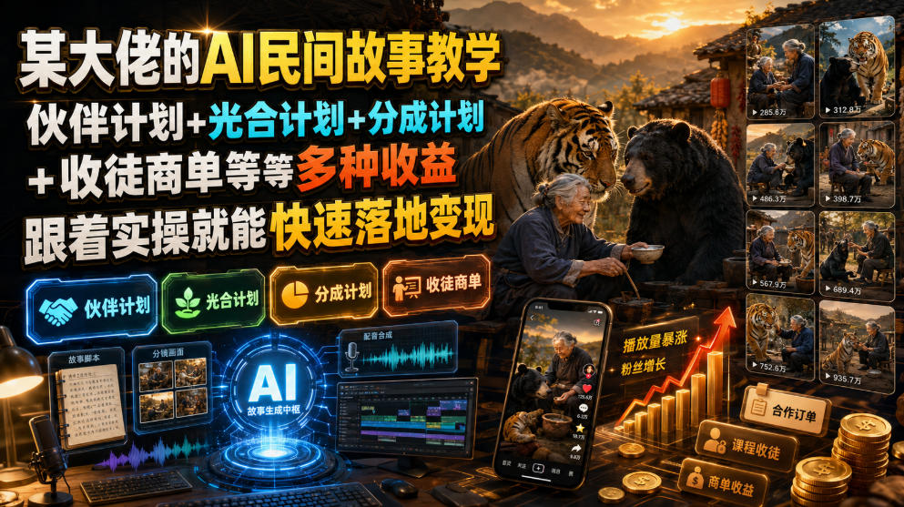 某大佬的AI民间故事教学，伙伴计划+光合计划+分成计划+收徒商单等多种收益，跟着实操就能快速落地变现-聊项目