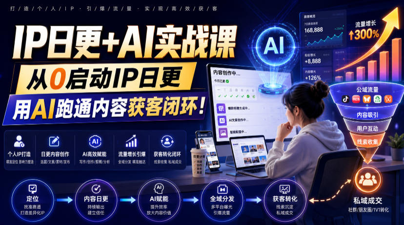 IP日更+AI实战课，从0启动IP日更，IP置顶视频制作+100条选题库搭建+10条日更规划，用AI跑通内容获客闭环!-聊项目