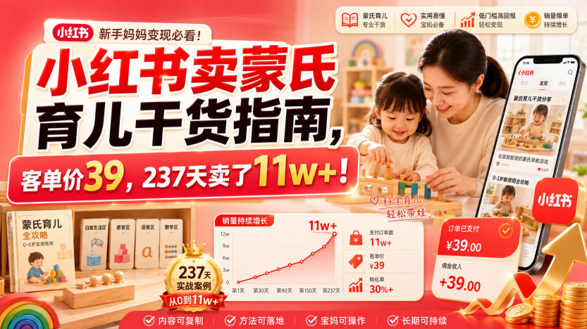 小红书卖蒙氏育儿干货指南，客单价39，237天卖了11w+！-聊项目